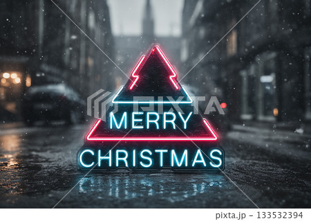 ネオンで輝くMERRY CHRISTMASのタイポグラフィ|都会の夜に映えるスタイリッシュな冬の祝祭 ネオンで輝くMERRY CHRISTMASのタイポグラフィ|都会の夜に映えるスタイリッシュな冬の祝祭 133532394