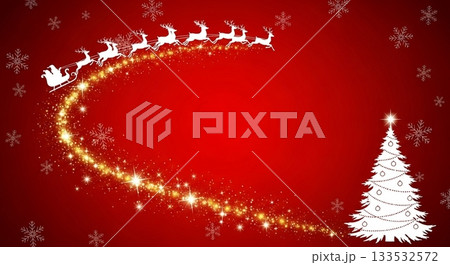 赤い背景に輝く光の軌跡とサンタクロースのそり、白いクリスマスツリー 133532572