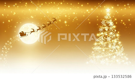 金色の光とクリスマスツリー、サンタクロースのソリが飛ぶ幻想的な背景 金色の光とクリスマスツリー、サンタクロースのソリが飛ぶ幻想的な背景 133532586