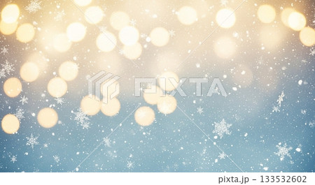 金色の光のボケと雪の結晶が舞う、暗い背景の幻想的な夜 133532602