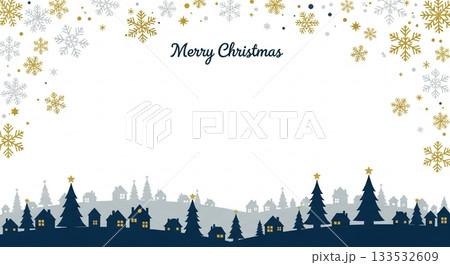 雪の結晶と街並みのシルエットが描かれた、白背景のクリスマスカード 133532609
