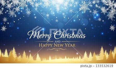 青い夜空に雪の結晶と光のボケ、モミの木のシルエットが輝くクリスマスバナー 青い夜空に雪の結晶と光のボケ、モミの木のシルエットが輝くクリスマスバナー 133532619