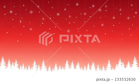 赤のグラデーション背景に雪とモミの木のシルエット 133532630