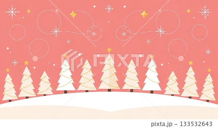 ピンクの背景に雪だまりと白いクリスマスツリーが並ぶ可愛らしい風景 133532643