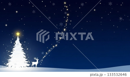 白いクリスマスツリーとトナカイ、夜空に輝く星の静かな冬の風景 白いクリスマスツリーとトナカイ、夜空に輝く星の静かな冬の風景 133532646