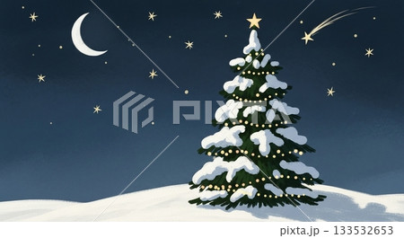 雪に覆われた丘と夜空に輝く星、静かなクリスマスの夜の風景 雪に覆われた丘と夜空に輝く星、静かなクリスマスの夜の風景 133532653
