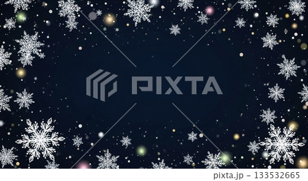 深い青の背景に舞い散る雪の結晶と光のフレーム 深い青の背景に舞い散る雪の結晶と光のフレーム 133532665