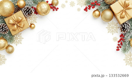 白い背景の上部に配置された金色のギフトボックスとクリスマスオーナメント 133532669