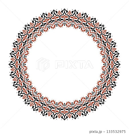 Ethnic round frame border pattern. Circular frame with an intricate, repeating ornamental pattern in black, burnt orange. Decorative border, with delicate floral, swirl motifs traditional aesthetic. 133532975