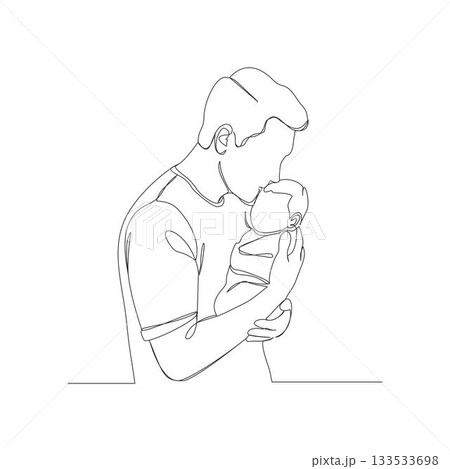 A continuous one-line illustration of a loving father figure holding his baby and kissing them on the forehead A continuous one-line illustration of a loving father figure holding his baby and kissing them on the forehead 133533698