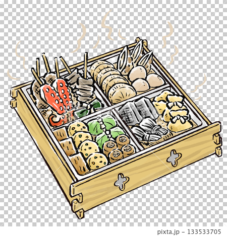 角型おでん鍋で煮込むおでん 筆タッチ手描きイラスト 角型おでん鍋で煮込むおでん 筆タッチ手描きイラスト 133533705