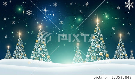 オーロラと雪の降る夜空の下に光り輝く複数のクリスマスツリー オーロラと雪の降る夜空の下に光り輝く複数のクリスマスツリー 133533845