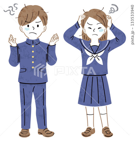 不安や悩みを抱える制服姿の男女の学生のイラスト　全身 133533940
