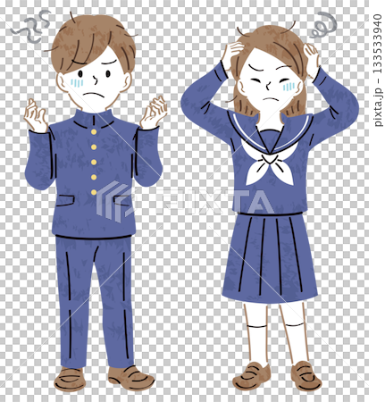 不安や悩みを抱える制服姿の男女の学生のイラスト　全身 133533940