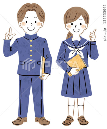 笑顔で指差しポーズをして説明する制服姿の男女の学生のイラスト　全身 133533942