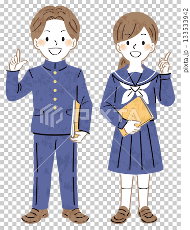 笑顔で指差しポーズをして説明する制服姿の男女の学生のイラスト　全身 133533942