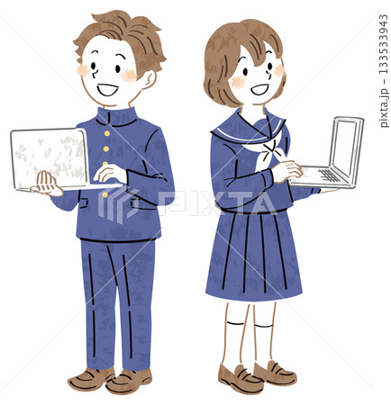ノートパソコンを使う制服姿の男女の学生のイラスト 全身 ノートパソコンを使う制服姿の男女の学生のイラスト 全身 133533943