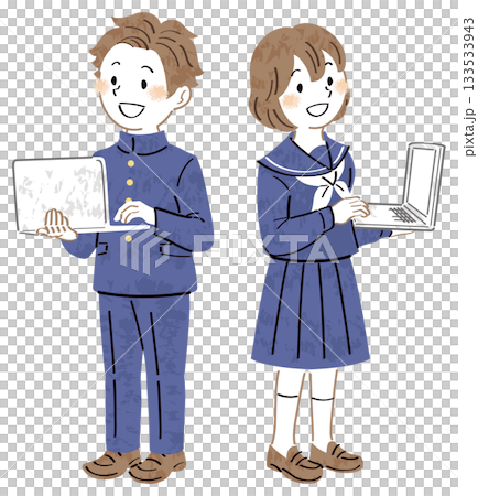 Illustration of male and female students in uniforms using laptops, full body Illustration of male and female students in uniforms using laptops, full body 133533943