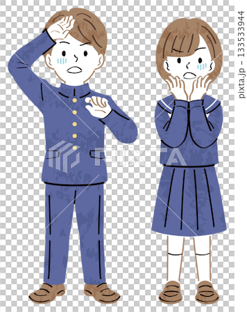 圖:身穿制服的男女學生,表情驚訝與困惑,全身 圖:身穿制服的男女學生,表情驚訝與困惑,全身 133533944