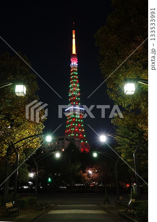 クリスマスツリー色の夜の東京タワーと街灯 11月港区2223クリスマスツリー色の東京タワーと街灯 クリスマスツリー色の夜の東京タワーと街灯 11月港区2223クリスマスツリー色の東京タワーと街灯 133533991