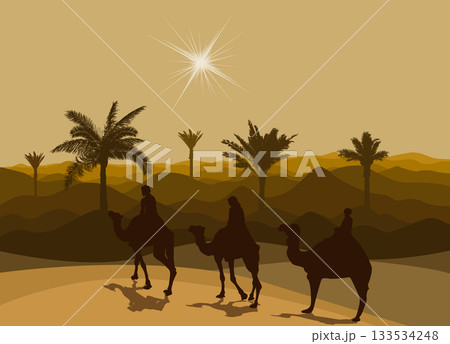 Happy epiphany day design. Three wise men on camel, bright star, nativity of Jesus. hand drawing. Not AI, Vector illustrations. 133534248