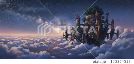 ゲーム背景　夜明け真の星空の上のスチームパンク天空の城 133534512