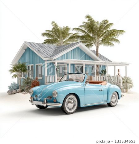 Classic blue convertible car parked on sand in front of a tropical beach house with palm trees 133534653