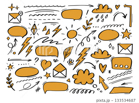 Sketch style decorative set featuring hand drawn arrows, stars, hearts and scribbles in cute line art. Collection of emphasis marks, symbols and graphic elements drawn with pen. Vector set 133534687