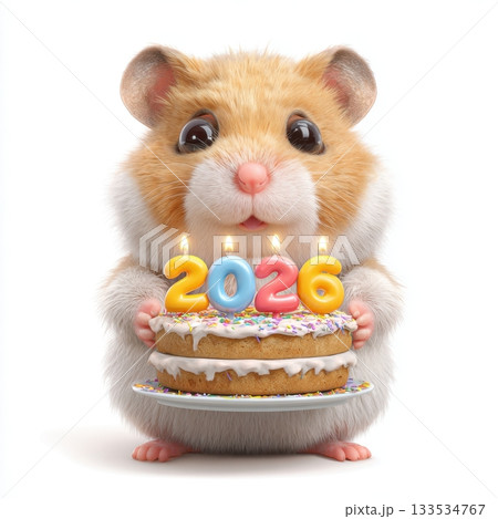 A fluffy hamster holds a two tiered cake with lit candles spelling out 2026 A fluffy hamster holds a two tiered cake with lit candles spelling out 2026 133534767