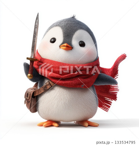 Adorable penguin character wearing a red scarf and holding a small sword with a satchel 133534795
