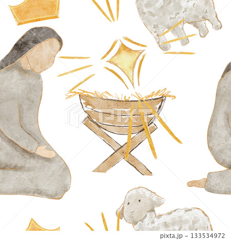 Kneeling Mary beside a manger, crown, lamb and a glowing golden star. Hand-painted watercolor nativity seamless pattern isolated on white, scene ideal for Christmas cards, devotionals, holiday designs 133534972