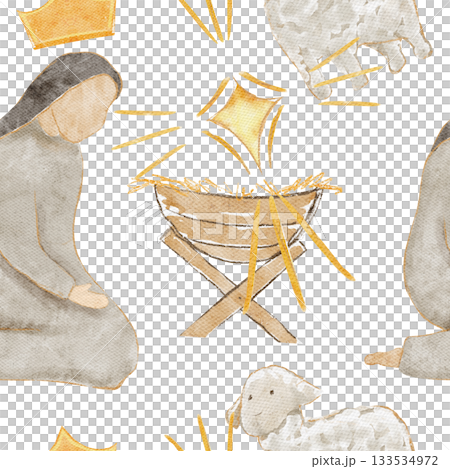 Kneeling Mary beside a manger, crown, lamb and a glowing golden star. Hand-painted watercolor nativity seamless pattern isolated on white, scene ideal for Christmas cards, devotionals, holiday designs 133534972