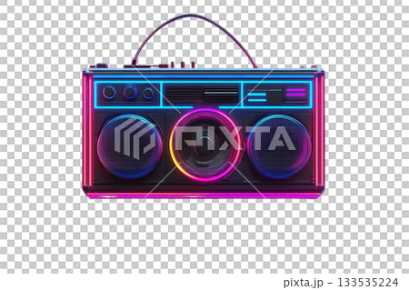 A colorful, retro boombox featuring vibrant neon lights and dual speakers, showcasing a nostalgic design. 133535224