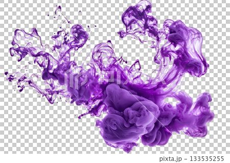 A vibrant purple ink cloud swirling and dispersing, creating an artistic and dynamic visual effect. 133535255