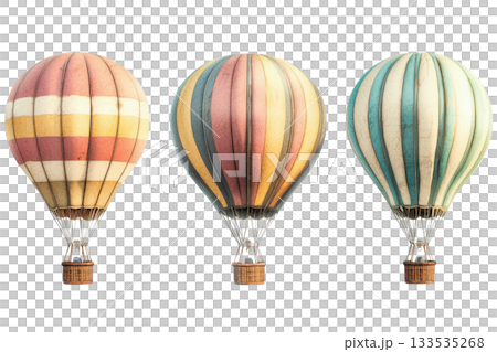 Colorful hot air balloons in various patterns, showcasing their unique designs and shapes. 133535268