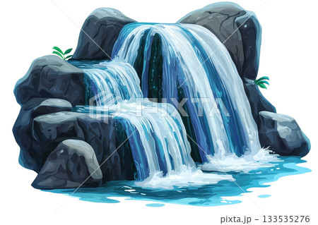 A cascading waterfall flows over rocks, creating a serene and refreshing scene with vibrant blue water. 133535276