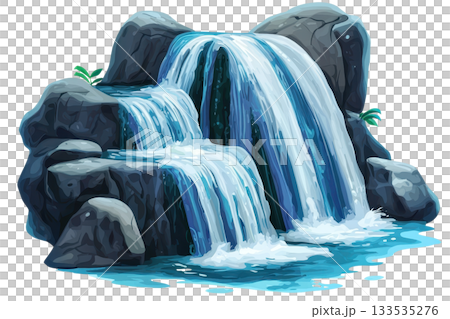 A cascading waterfall flows over rocks, creating a serene and refreshing scene with vibrant blue water. A cascading waterfall flows over rocks, creating a serene and refreshing scene with vibrant blue water. 133535276