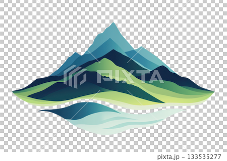 A stylized mountain landscape featuring layered peaks and rolling hills, complemented by a reflective water surface. 133535277