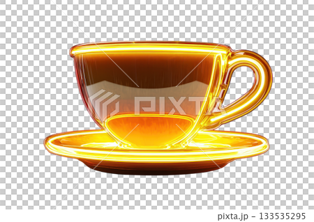 A glowing orange tea cup with a matching saucer, showcasing a smooth, shiny surface and elegant design. 133535295
