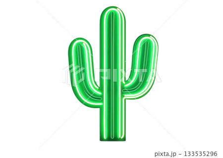 A neon green cactus with multiple arms, glowing vibrantly against a dark backdrop. 133535296