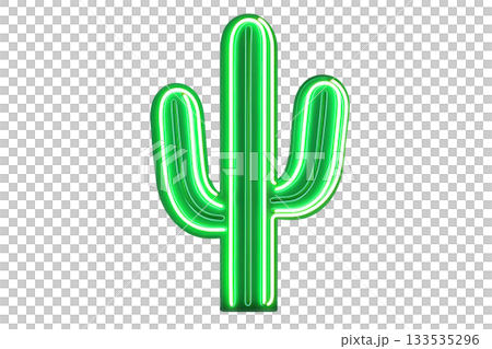 A neon green cactus with multiple arms, glowing vibrantly against a dark backdrop. 133535296