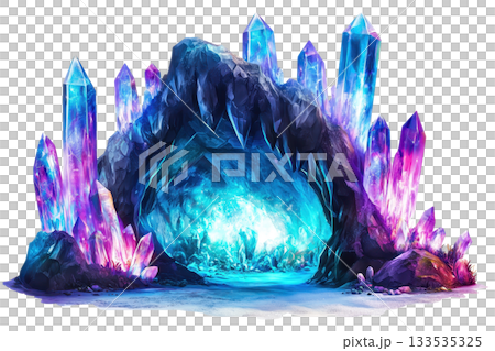 A vibrant cave entrance adorned with luminous, colorful crystals of varying heights, creating a magical and enchanting atmosphere. A vibrant cave entrance adorned with luminous, colorful crystals of varying heights, creating a magical and enchanting atmosphere. 133535325