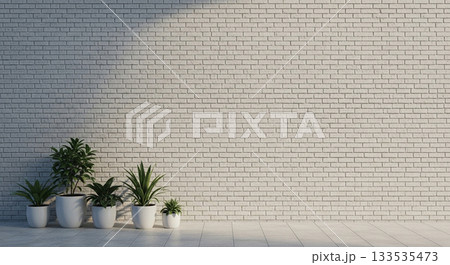Minimalist White Painted Brick Wall Backdrop with Four Potted Plants and Subtle Corner Shadow Minimalist White Painted Brick Wall Backdrop with Four Potted Plants and Subtle Corner Shadow 133535473