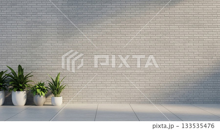 Minimalist White Brick Wall Background with Indoor Plants and Tile Floor in Soft Sunlight 133535476