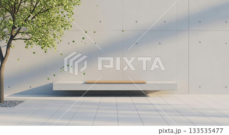 Floating Concrete Podium with Wood Surface and Green Tree in Zen Minimalist Outdoor Architecture Scene 133535477