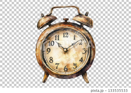 A vintage alarm clock with a classic design featuring large numbers and ornate details, showcasing a rustic, aged appearance. 133535533
