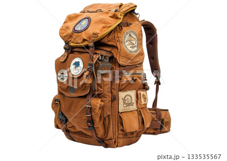 A rugged, orange backpack adorned with various patches and multiple compartments, ideal for outdoor adventures and travel. 133535567