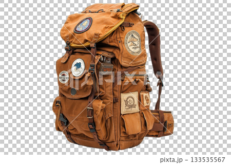 A rugged, orange backpack adorned with various patches and multiple compartments, ideal for outdoor adventures and travel. 133535567