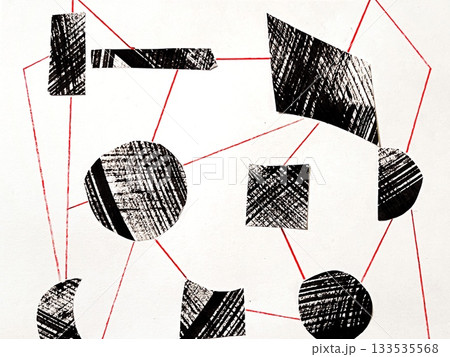 墨で描いたシナプスのイメージ、墨の筆跡がある掠れたチェックの模様線、モノクロ バナーサイズのイラスト 133535568