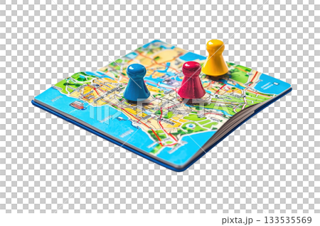 A colorful map with three game pieces placed on it, highlighting different locations. 133535569